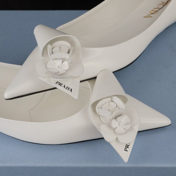 Prada Sculptural Twist Floral-Appliqued Ballerina Flats, White Polished Leather - Picture 9 of 12